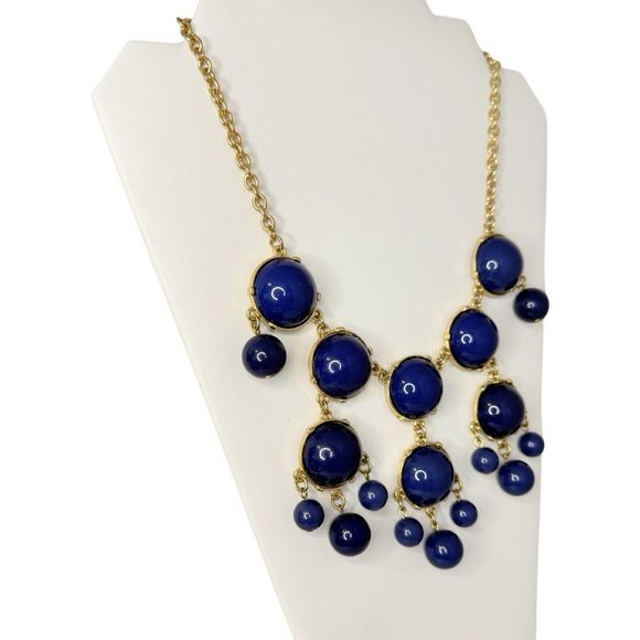 Navy Blue Cabochon Chandelier Statement Necklace 22” Bubbles Runway Gold Tone - Picture 9 of 16